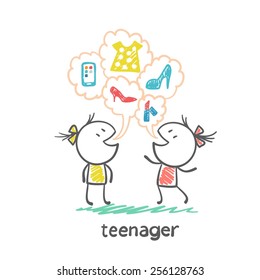 teen girl talking about shoes, dresses, mobile phone, lipstick illustration