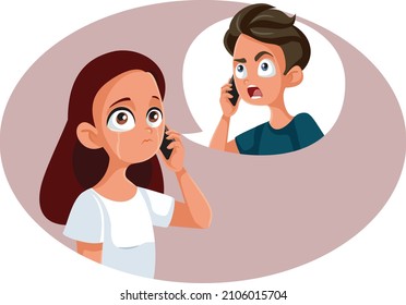 
Teen Girl Talking with her Boyfriend Crying Over the Phone. Teenage relationship ending over phone-call 

