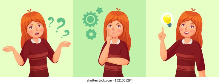 Teen girl think. Confused young female teenager, thoughtful girl student and answering question. Confused woman thinking doubt thoughts and find solution idea vector cartoon illustration