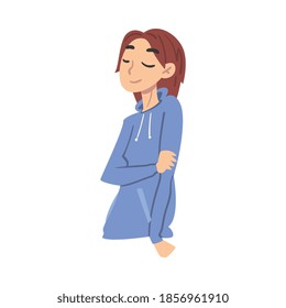 Teen Girl Thinking up an Idea with Happy Facial Expression and Closed Eyes, Teenager Dreaming about Something Cartoon Style Vector Illustration