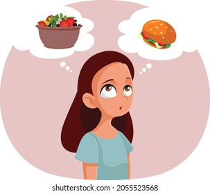 Teen Girl Thinking What to Eat Vector Cartoon. Girl choosing between a healthy and a junk food meal option 
