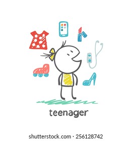 Teen girl thinks about the dress, commercials, mobile phone, lipstick, shoes, illustration player