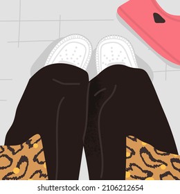 Teen girl in trendy outfit with purse. Fashion look with straight jeans, coat with animal print and sneakers. Top view of woman legs in cafe, street, park, mall, restroom. Vector illustration concept