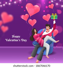 Teen Girl Trying To Snatch Gift Box From Her Boyfriend At Sofa With Heart Balloons On Purple Bokeh Background For Happy Valentine's Day.