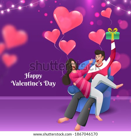 Teen Girl Trying To Snatch Gift Box From Her Boyfriend At Sofa With Heart Balloons On Purple Bokeh Background For Happy Valentine's Day.