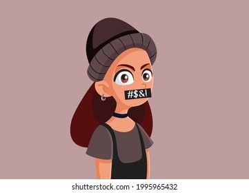 Teen Girl Using Foul Language and Swear Words Vector Illustration. Rebel adolescent misbehaving using a bad obscene speech being uneducated and defiant of good manners
