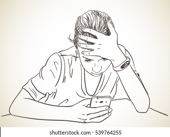 Teen girl using smartphone propping head with hand, Vector sketch, Hand drawn illustration.