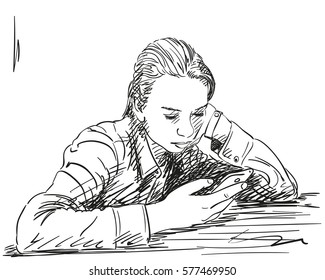 Teen girl using smartphone propping head with hand, Vector sketch, Hand drawn illustration