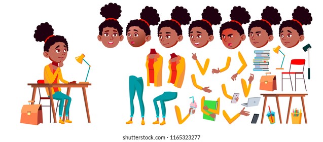 Teen Girl Vector. Animation Creation Set. Black. Afro American. Face Emotions, Gestures. Positive Person. Animated. For Web, Brochure, Poster Design. Isolated Cartoon Illustration