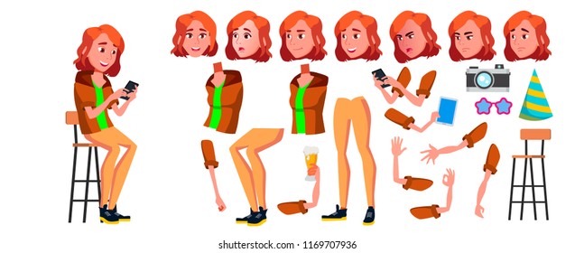 Teen Girl Vector. Animation Creation Set. Face Emotions, Gestures. Adult People. Casual. Animated. For Presentation, Print, Invitation Design. Isolated Cartoon Illustration