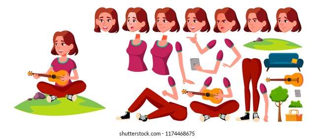 Teen Girl Vector. Animation Creation Set. Face Emotions, Gestures. Fun, Cheerful.  Animated. For Card, Advertisement, Greeting Design. Isolated Cartoon Illustration