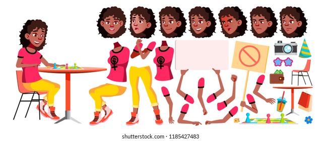 Teen Girl Vector. Black. Afro American. Animation Creation Set. Face Emotions, Gestures. Leisure, Smile. Animated. For Web, Poster, Booklet Design. Isolated Cartoon Illustration
