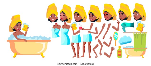 Teen Girl Vector. Black. Afro American. Animation Creation Set. Face Emotions, Gestures. Friendly, Cheer. Animated. For Presentation, Print, Invitation Design. Isolated Cartoon Illustration
