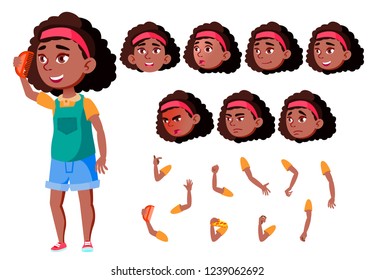Teen Girl Vector. Black. Afro American. Teenager. Cute, Comic. Joy. Face Emotions, Various Gestures. Animation Creation Set. Isolated Flat Cartoon Character Illustration
