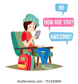Teen Girl Vector. Happy Girl Communicate On Internet. Using Smartphone. Isolated On White Cartoon Character Illustration
