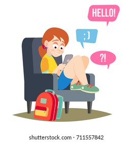 Teen Girl Vector. Happy Girl Talking, Chatting On Network. Devices And Social Media Addiction. Isolated Flat Cartoon Character Illustration