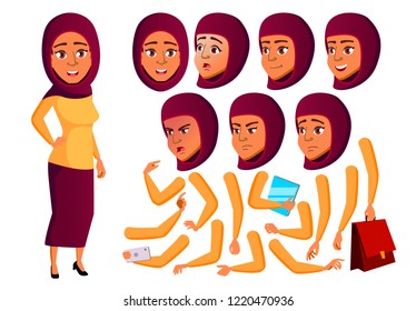 Teen Girl Vector. Teenager. Arab, Muslim. Funny, Friendship. Face Emotions, Various Gestures. Animation Creation Set. Isolated Flat Cartoon Character Illustration