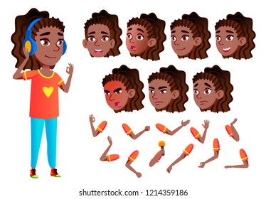 Teen Girl Vector. Teenager. Black. Afro American. Friends, Life. Emotional, Pose. Face Emotions, Various Gestures. Animation Creation Set. Isolated Flat Cartoon Character Illustration
