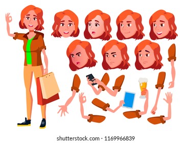 Teen Girl Vector. Teenager. Funny, Friendship. Face Emotions, Various Gestures. Animation Creation Set. Isolated Flat Cartoon Character Illustration
