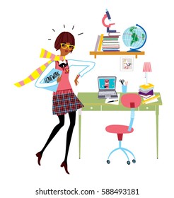 Teen girl wearing college outfit looking at the watch and has not time to do her school homework. Vector illustration.