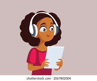 Teen Girl Wearing Headphones Holding Tablet PC Vector Cartoon. Young teenager distance learning and communicating using a electronic device
