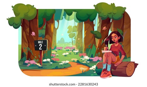 Teen girl write diary in deep forest background. Woman teenager character holding journal in park near tree vector illustration. Student learning homework outdoor. Grass, butterfly and spring scenery.