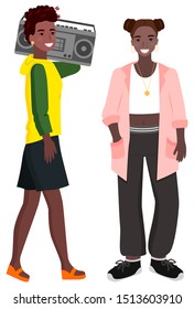 Teen girls afro woman vector, isolated characters with boombox. Stylish personage wearing sweater and wide pants, hairstyle of female smiling stereo system