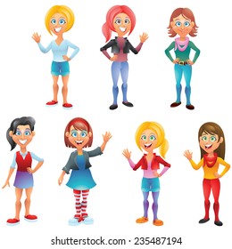 Teen girls, cartoon characters set isolated