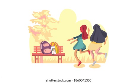 Teen girls filming videos for social networks. School girls dance on a mobile phone camera to the music. Backpacks are on a park bench. Live broadcast on a smartphone. Vlog. Vector