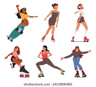 Teen Girls Glide Effortlessly On Roller Skates, Laughter Echoing In The Park, Hair Flowing, As they Maneuver Gracefully, Showcasing Freedom And Youthful Exuberance. Cartoon People Vector Illustration