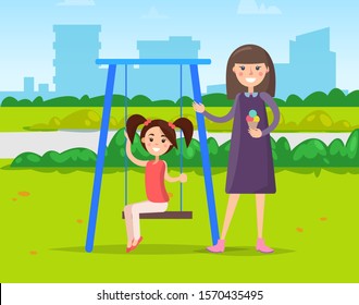 Teen girls in park on swing, playground and ice cream. Outdoor activity, friends on meadow swinging and eating summer dessert, leisure pastime. Vector illustration in flat cartoon style