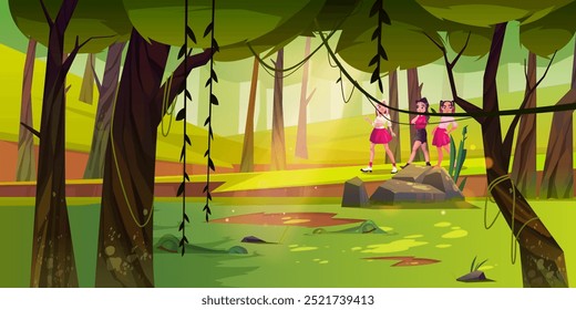 Teen girls in rainforest with green swamp. Vector cartoon illustration of female teenage friends walking in jungle, liana vines on tropical trees, crocodiles sleeping in lake water, fantasy adventure