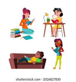 Teen Girls Reading Educational Book Set Vector. Teenagers Lady Read Education Book At Table And On Couch, Sitting On Floor And In Library. Characters Knowledge Flat Cartoon Illustrations