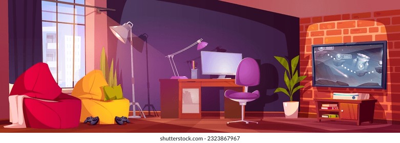 Teen girls room interior with video game on tv. Vector cartoon illustration of tidy apartment with desktop computer, television screen on wall, joysticks on floor, armchairs, cityscape view in window