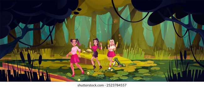 Teen girls running from dangerous crocodiles in rainforest swamp. Vector cartoon illustration of female teenage friends walking in jungle, liana vines on tropical trees above lake water, nightmare