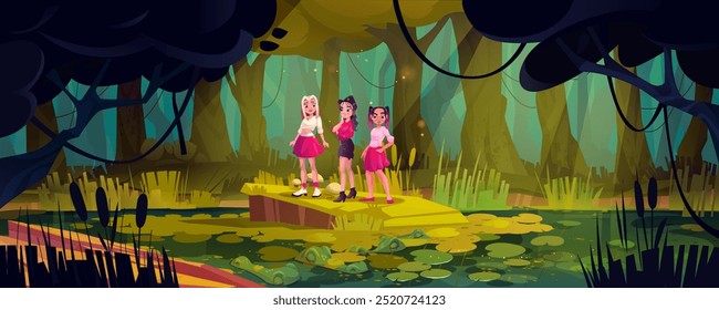 Teen girls standing on stone island on swamp with crocodiles in forest. Cartoon vector illustration of spooky scary woodland landscape with trees and reed, moss and lichen, water in pond and animals.