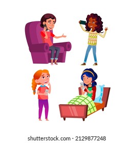 Teen Girls Using Phone Digital Device Set Vector. Young Ladies Teenagers Use Mobile Phone For Communication And Chatting. Characters Talking On Smartphone And Video Call Flat Cartoon Illustrations