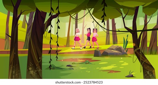 Teen girls walking in forest near swamp with sleeping crocodiles. Cartoon vector illustration of woodland landscape with green trees and grass, moss and lichen, water in pond and teenager friends.