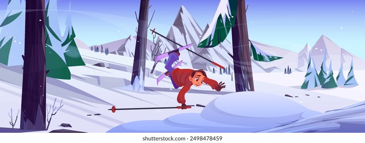 Teen guy in skis with poles fall and fly into snowdrift. Cartoon vector danger winter vacation activity on snowy mountains with trees in forest. Teenager boy in outfit falling during downhill slope.