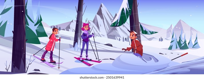 Teen guy in skis with poles fall into snowdrift. Cartoon vector danger winter vacation activity on snowy mountains with trees in forest. Teenager boy in outfit fall in downhill slope.