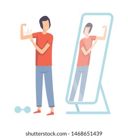 Teen Guy Standing in Front of Mirror Pretending to Be Strong Vector Illustration