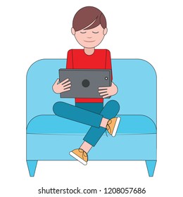 Teen Happy Student sitting on bed sofa coach home reading online contents getting ready to study teen education kindergarten girl using tablet digital device