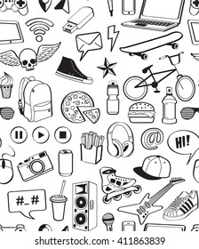 Teen have fun concept. Seamless Vector pattern. Hand drawn doodle icons set. Sport, music, food, symbols and objects for teenagers. Isolated on white background. Design for print, Wrapping paper