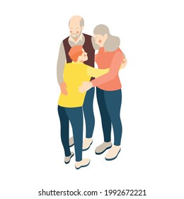 Teen hugging their grandparents isometric icon on white background 3d vector illustration