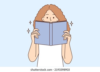 Teen kid with book enjoy reading. Girl engaged in literature. Bookworm and reader hobby. Knowledge and intelligence. Vector illustration. 