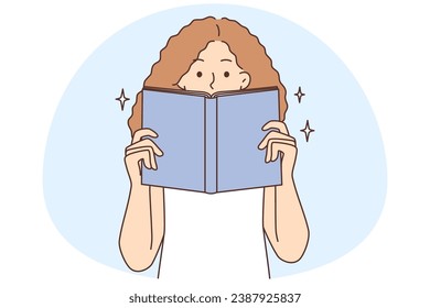 Teen kid with book enjoy reading. Girl engaged in literature. Bookworm and reader hobby. Knowledge and intelligence. Vector illustration.