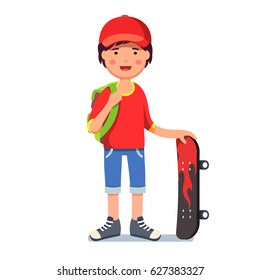 Teen kid boy in baseball cap wearing backpack standing and holding skateboard with fire print. Young hipster skater in keds. Flat style character vector illustration isolated on white background.