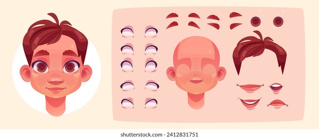 Teen kid boy face construction kit for creating various facial emotions and expression - eye slit, lips and brows position. Cartoon vector illustration set of customizable head elements of cute child.