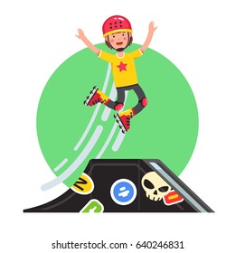 Teen kid doing stunt jump from skatepark quarter pipe ramp on roller skates. Extreme sport boy riding board wearing safety helmet & kneepads. Flat style character vector illustration isolated on white