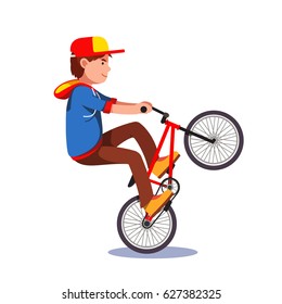 Teen kid doing wheelie stunt on a bmx bike. Boy riding extreme sport bicycle wearing hoodie and baseball cap. Flat style character vector illustration isolated on white background.